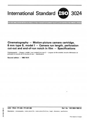 Kinematographie; Filmkamerakartusche, 8 mm Typ S, Modell 1; Kameralauflänge, Perforationsausschnitt und Endkerbe im Film; Spezifikationen