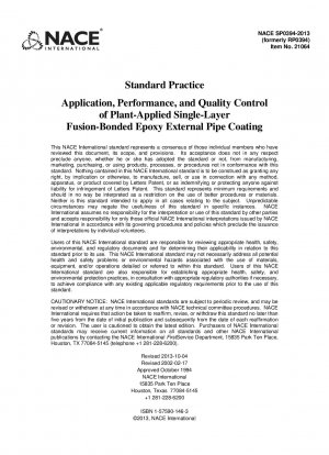 Anwendung, Leistung und Qualitätskontrolle der anlagenseitig aufgebrachten einschichtigen schmelzgebundenen Epoxid-Außenrohrbeschichtung (Art.-Nr. 21064)