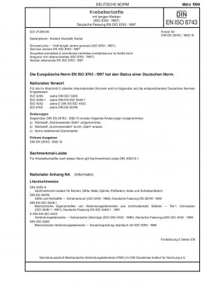 Kerbstifte – Halblange Mittelrille (ISO 8743:1997); Deutsche Fassung EN ISO 8743:1997