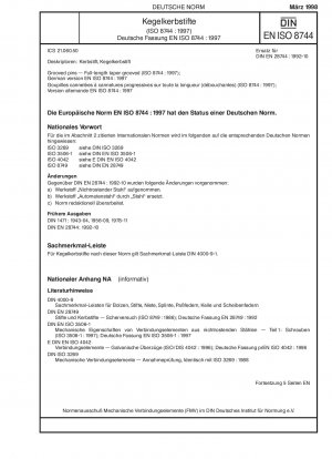 Kerbstifte – Kegelkerbung über die gesamte Länge (ISO 8744:1997); Deutsche Fassung EN ISO 8744:1997