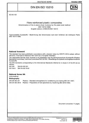 Faserverstärkte Kunststoffverbundwerkstoffe - Bestimmung des Schubmoduls in der Ebene mit der Plattendrehmethode (ISO 15310:1999); Deutsche Fassung EN ISO 15310:2005
