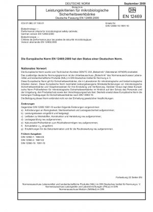 Biotechnologie – Leistungskriterien für mikrobiologische Sicherheitswerkbänke; Deutsche Fassung EN 12469:2000