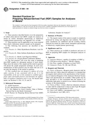 Standardpraktiken für die Vorbereitung von Proben aus Abfallbrennstoffen (RDF) für die Analyse von Metallen (zurückgezogen 2002)