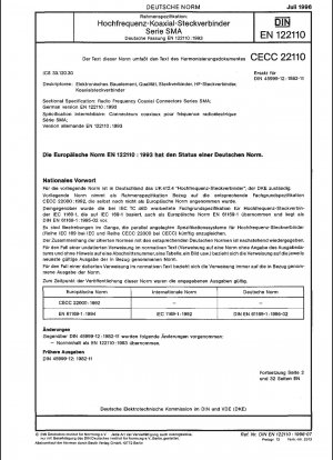 Rahmenspezifikation: Hochfrequenz-Koaxialsteckverbinder; Serie SMA; Deutsche Fassung EN 122110:1993