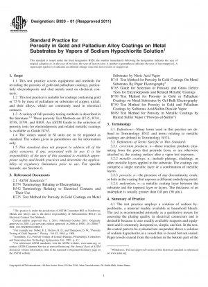 Standardpraxis für Porosität in Gold- und Palladiumlegierungsbeschichtungen auf Metallsubstraten durch Dämpfe von Natriumhypochloritlösung