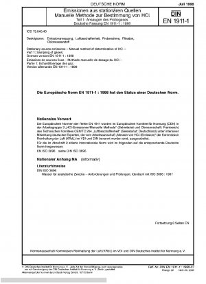 Emissionen aus stationären Quellen - Manuelle Methode zur Bestimmung von HCl - Teil 1: Probenahme von Gasen; Deutsche Fassung EN 1911-1:1998