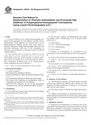 Standardtestmethode zur Bestimmung von phenolischen Antioxidantien und Erucamid-Gleitadditiven in Polypropylen-Homopolymerformulierungen mittels Flüssigchromatographie (LC)