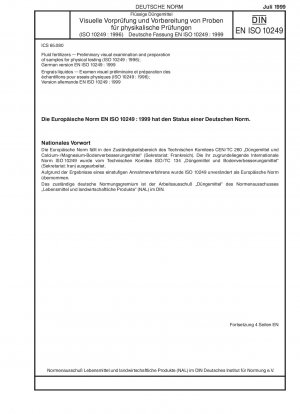 Flüssigdünger – Vorläufige visuelle Untersuchung und Vorbereitung von Proben für physikalische Tests (ISO 10249:1996); Deutsche Fassung EN ISO 10249:1999
