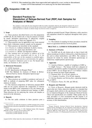 Standardpraktiken für die Auflösung von Ascheproben aus Abfallbrennstoffen (RDF) für Metallanalysen (zurückgezogen 2002)