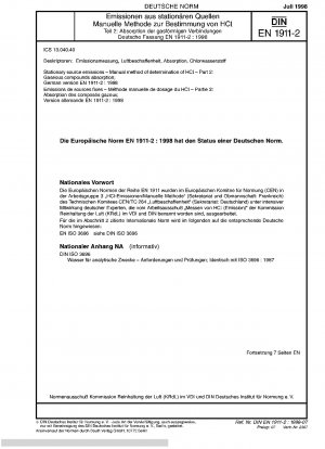 Emissionen aus stationären Quellen - Manuelle Methode zur Bestimmung von HCl - Teil 2: Absorption gasförmiger Verbindungen; Deutsche Fassung EN 1911-2:1998