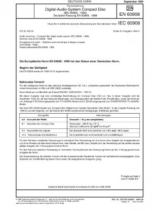 Audioaufzeichnung – Digitales CD-Audiosystem (IEC 60908:1999); Deutsche Fassung EN 60908:1999