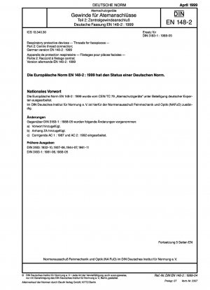 Atemschutzgeräte - Gewinde für Atemschutzgeräte - Teil 2: Zentralgewindeanschluss; Deutsche Fassung EN 148-2:1999