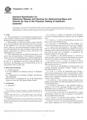 Standardspezifikation für Referenzmassen und Geräte zur Bestimmung von Masse und Volumen zur Verwendung bei der physikalischen Prüfung von hydraulischen Zementen