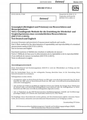 Genauigkeit (Richtigkeit und Präzision) von Messmethoden und -ergebnissen – Teil 2: Grundlegende Methode zur Bestimmung der Wiederholbarkeit und Reproduzierbarkeit einer Standardmessmethode (ISO 5725-2:2019); Text in Deutsch und Englisch