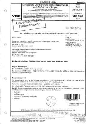 Instrumente und Software für Messungen bei Hochspannungsstoßprüfungen - Teil 1: Anforderungen an Instrumente (IEC 61083-1:2001); Deutsche Fassung EN 61083-1:2001