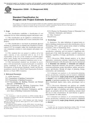 Standardklassifizierung für Zusammenfassungen von Programm- und Projektschätzungen