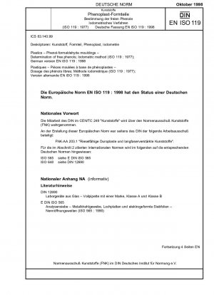 Kunststoffe - Phenol-Formaldehyd-Formteile - Bestimmung freier Phenole; Iodometrische Methode (ISO 119:1977); Deutsche Fassung EN ISO 119:1998