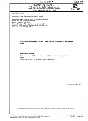 Federn und Daunen – Prüfverfahren zur Messung der Größe von mit Federn und/oder Daunen gefüllten Bettdecken; Deutsche Fassung EN 1167:1996