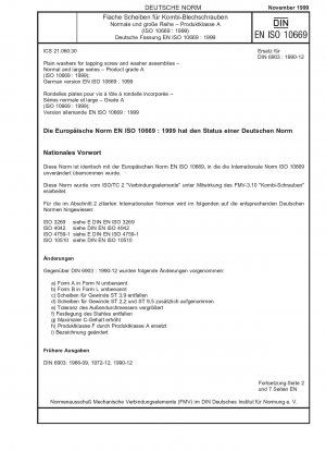Unterlegscheiben für Blechschrauben- und Unterlegscheiben-Baugruppen – Normale und große Serien – Produktklasse A (ISO 10669:1999); Deutsche Fassung EN ISO 10669:1999
