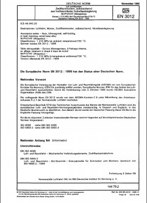 Luft- und Raumfahrt - Muttern, zweisechskantig, selbstsichernd, aus hitzebeständiger Nickelbasislegierung NI-P101HT (Waspaloy); Klassifizierung: 1210 MPa (bei Umgebungstemperatur)/730 °C; Deutsche Fassung EN 3012:1995